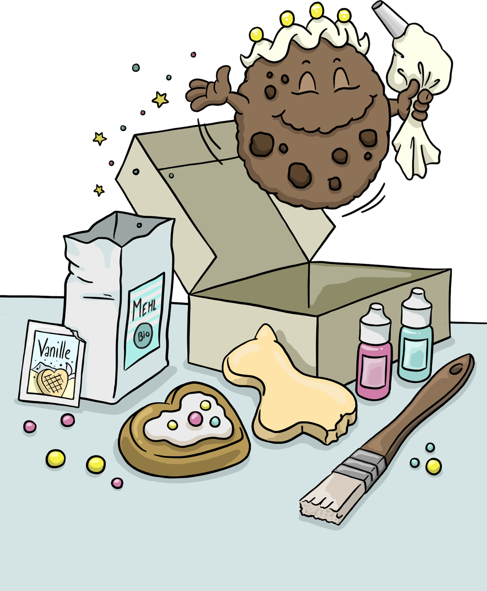 Material, welches zum Backen benötigt wird (Zucker, Pinsel, Vanille, Lebensmittelfarbe etc.)